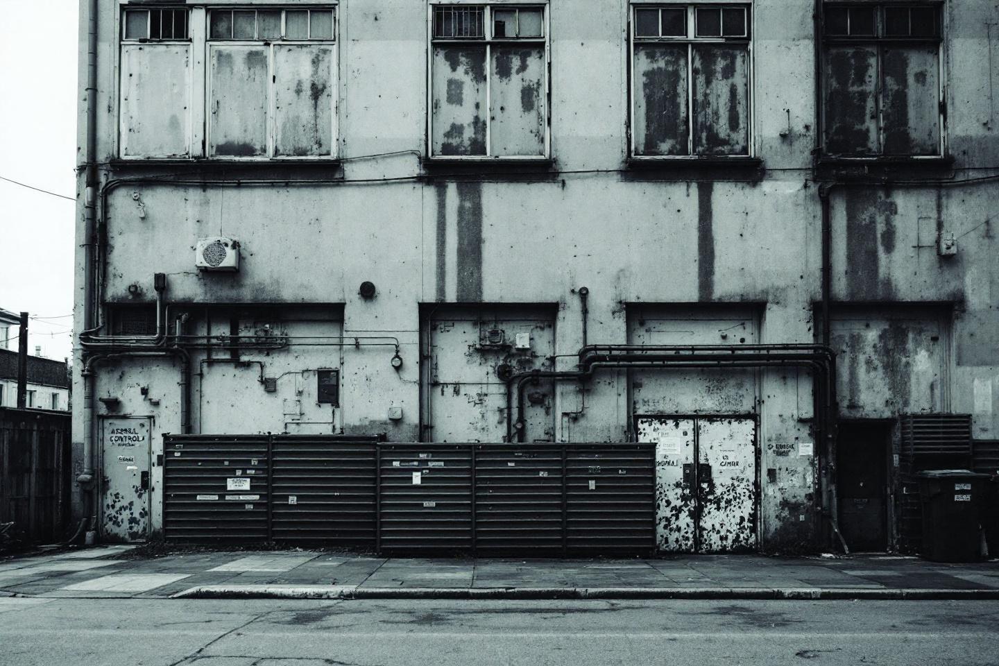 Mur sale avec fenêtres, tuyaux et portes métalliques
