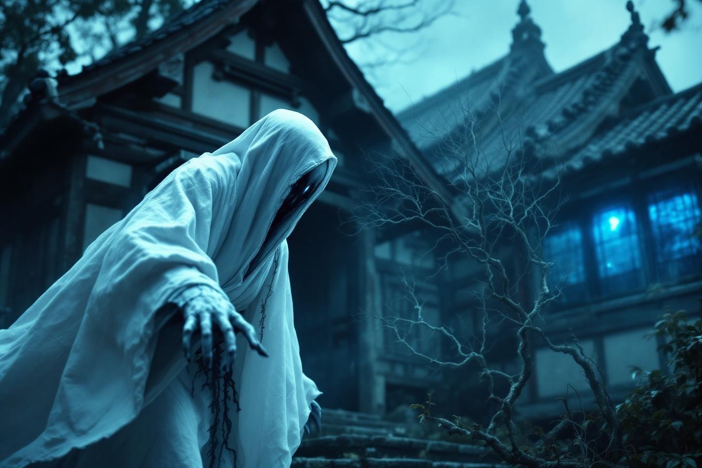 Spectre blanc flottant pr&egrave;s d'un b&acirc;timent traditionnel asiatique