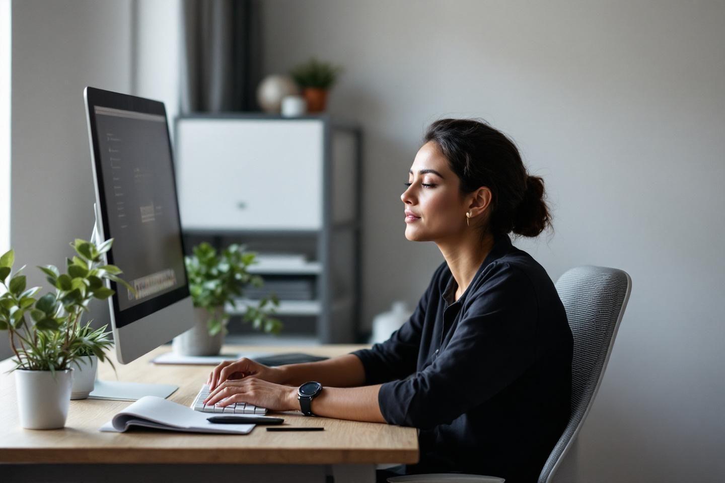Employ&eacute;e concentr&eacute;e devant son ordinateur dans un espace de travail lumineux