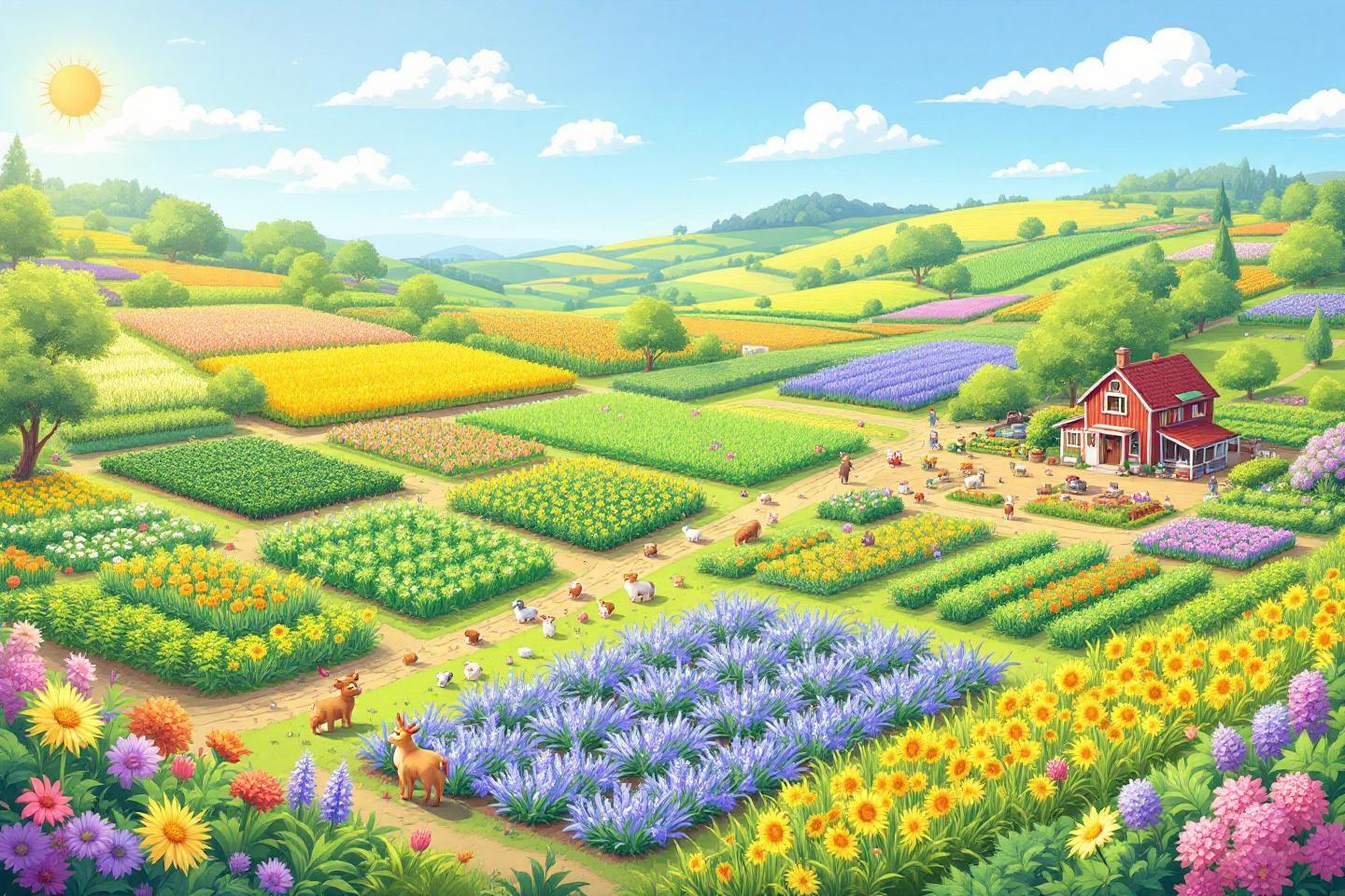 Paysage agricole avec cultures multicolores, animaux et ferme rouge