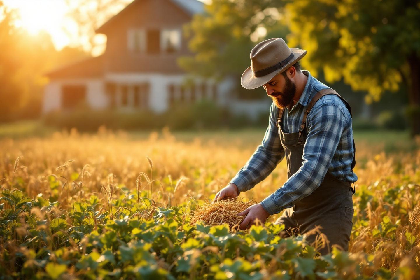 Agriculteur dans un champ au coucher du soleil