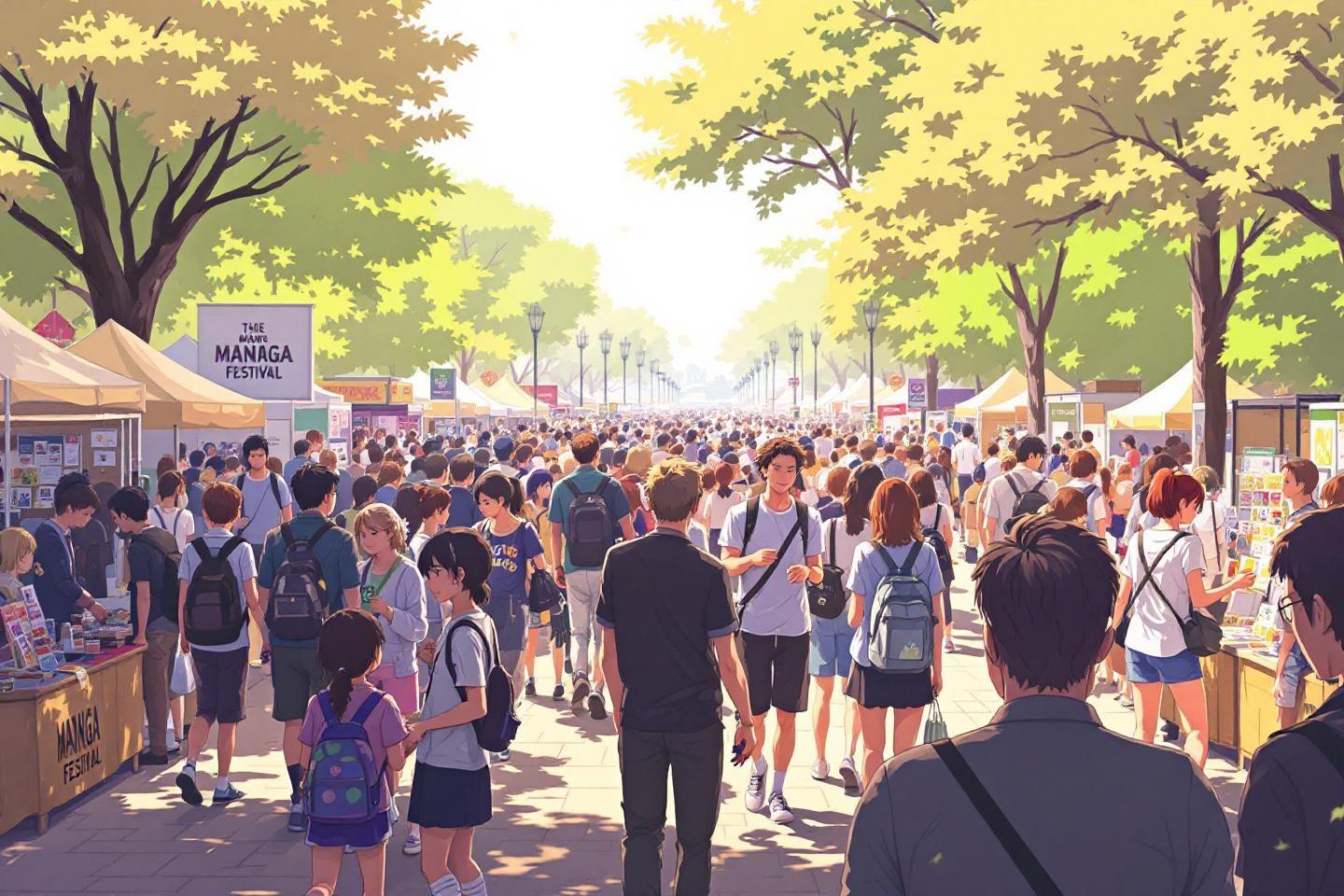 Foule dense d&eacute;ambulant entre stands et arbres jaunes