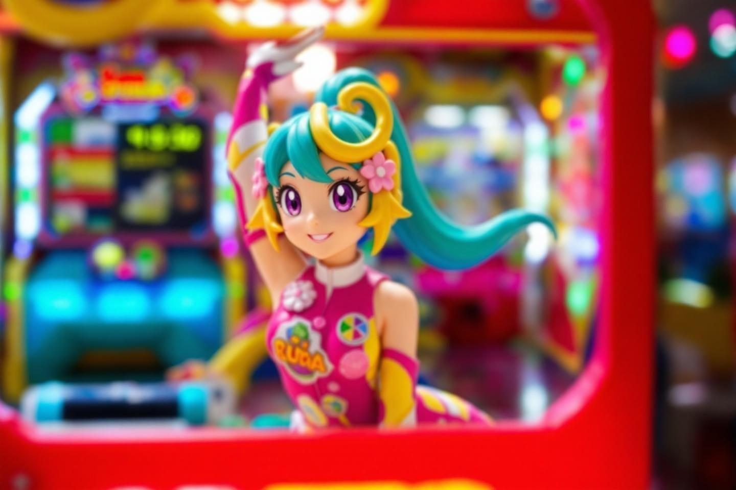 Personnage de dessin animé kawaii dans un environnement lumineux d'arcade