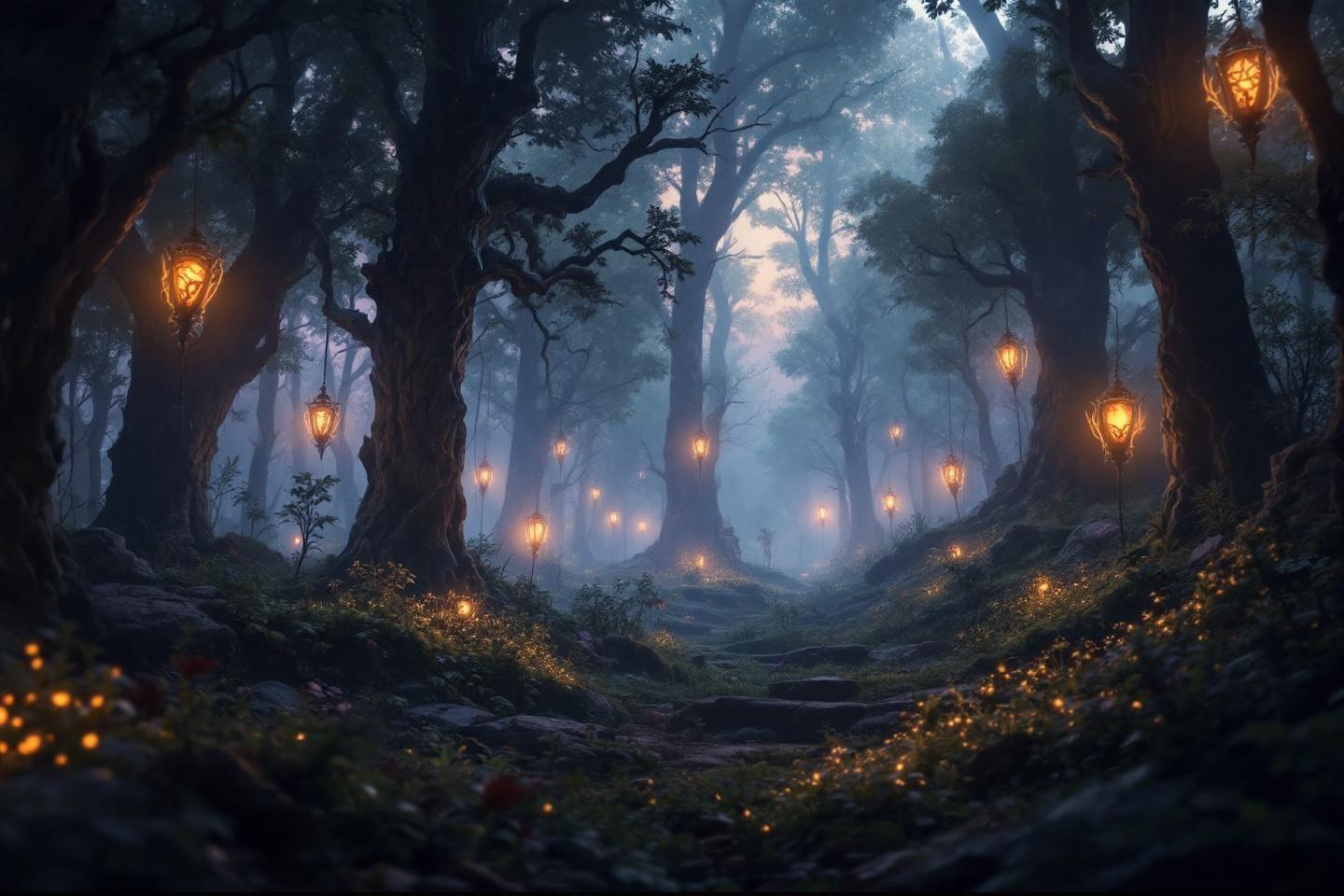 Sentier forestier brumeux illumin&eacute; par des lanternes orang&eacute;es