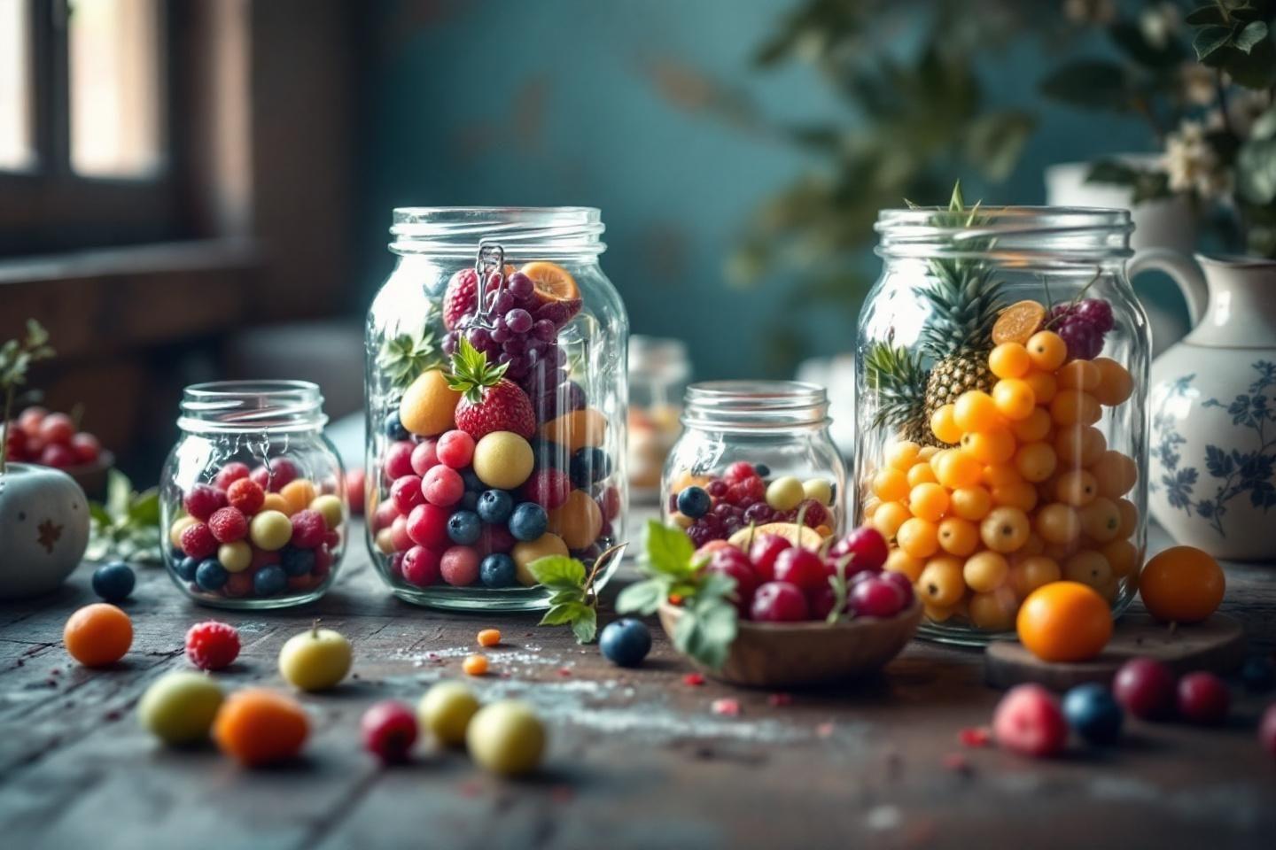 Bocaux en verre remplis de fruits multicolores sur une table en bois