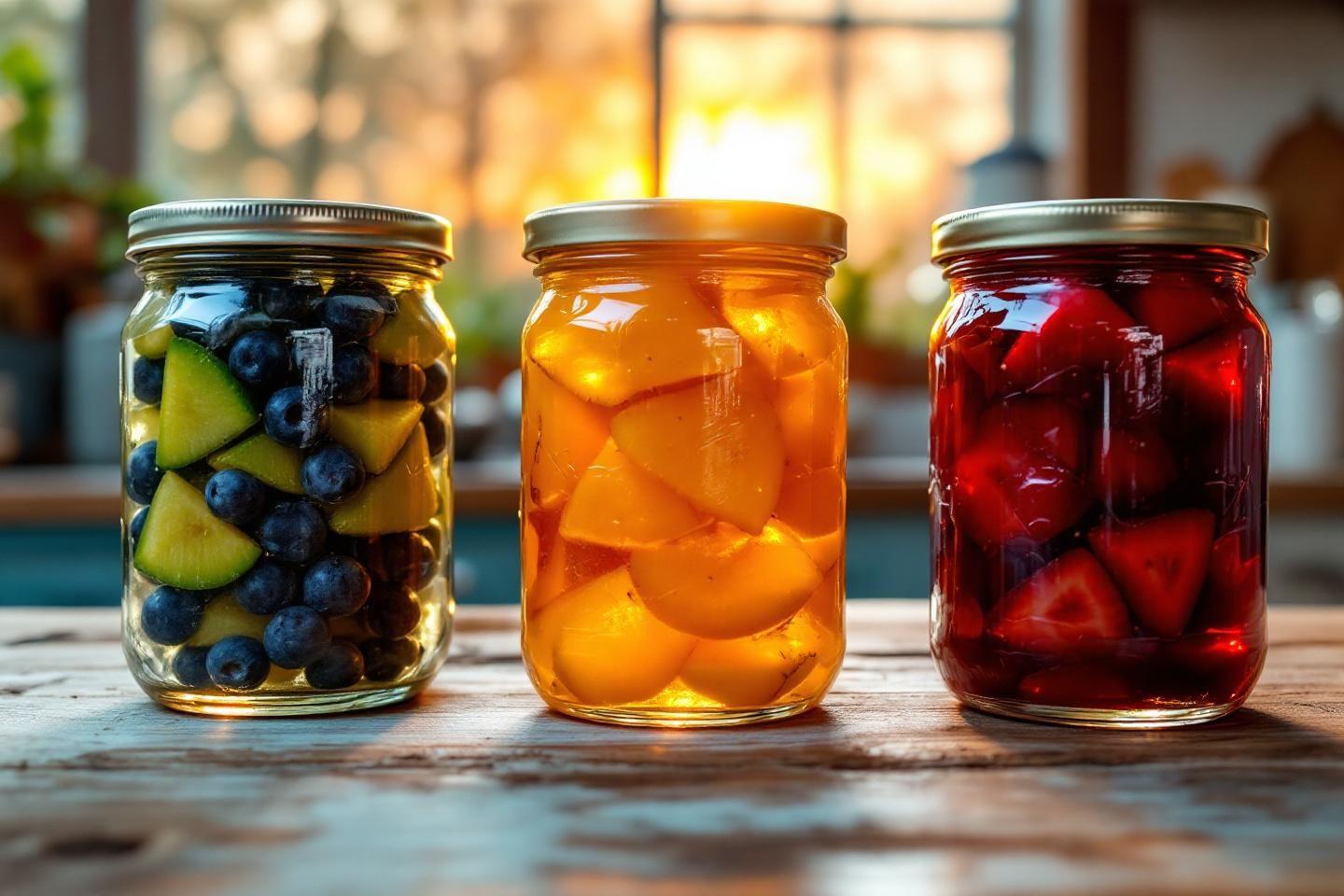 Trois bocaux de fruits aux couleurs vives sur table en bois