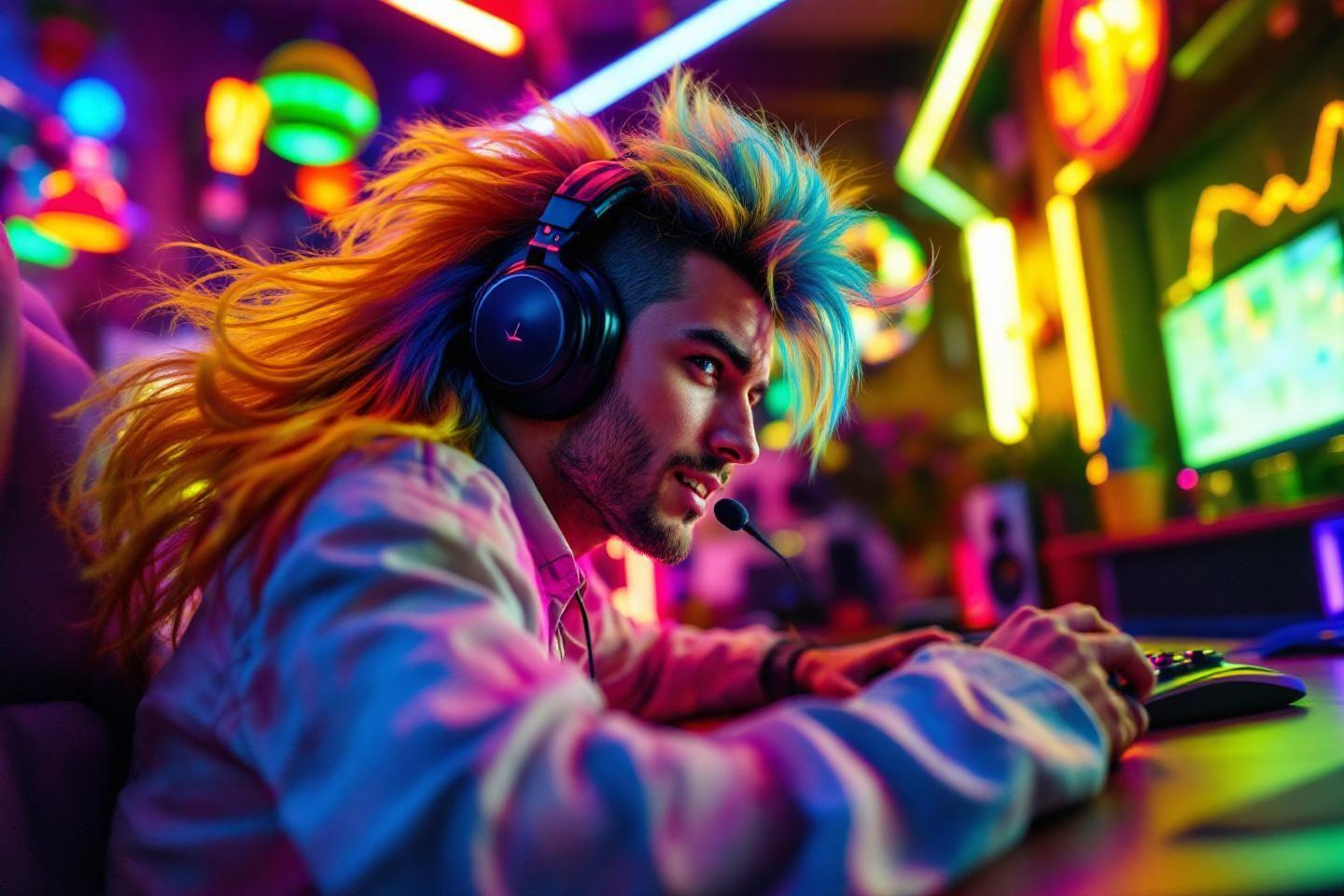 Joueur concentré avec écouteurs dans un décor lumineux coloré