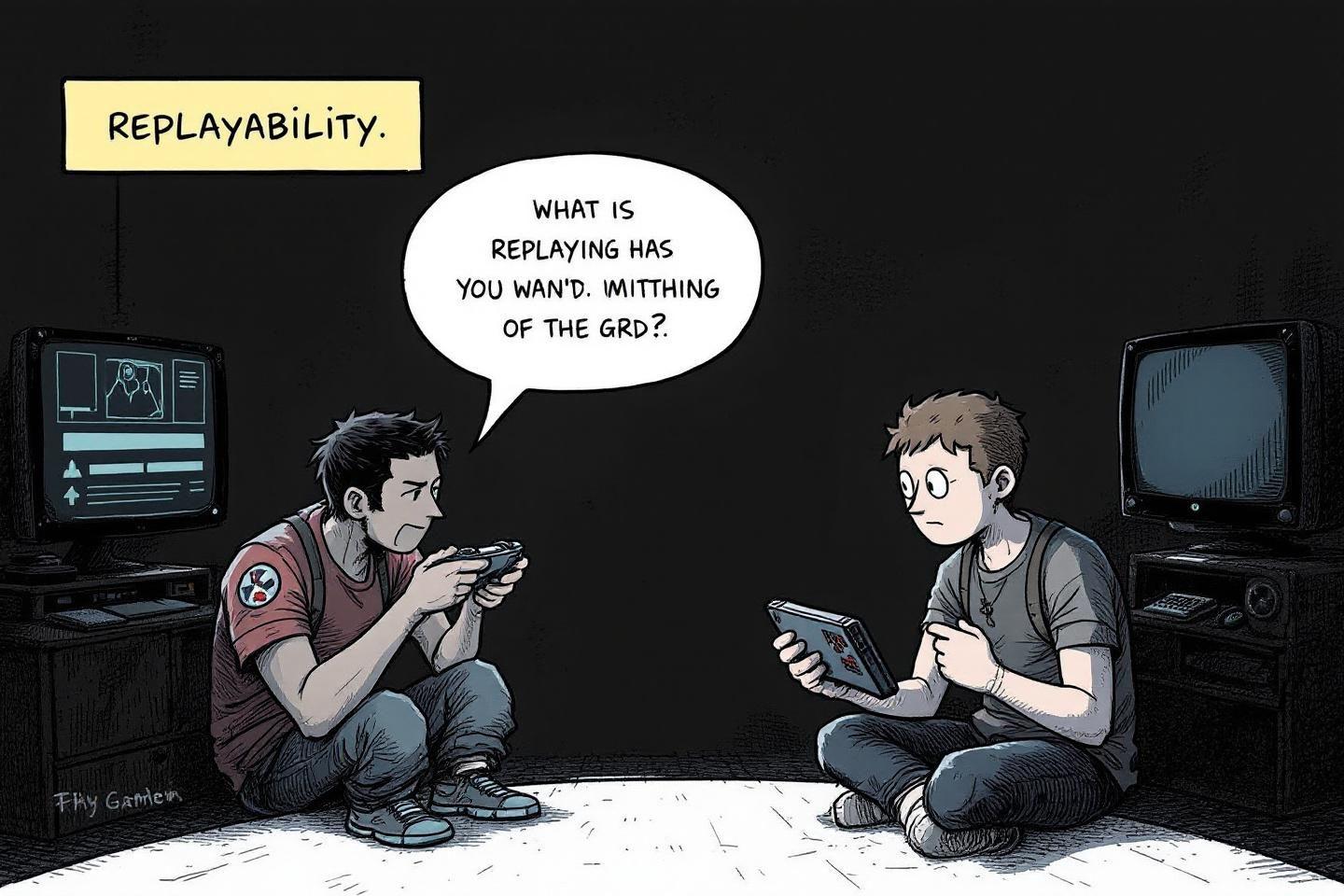 Deux joueurs dans une pi&egrave;ce sombre parlant de replay