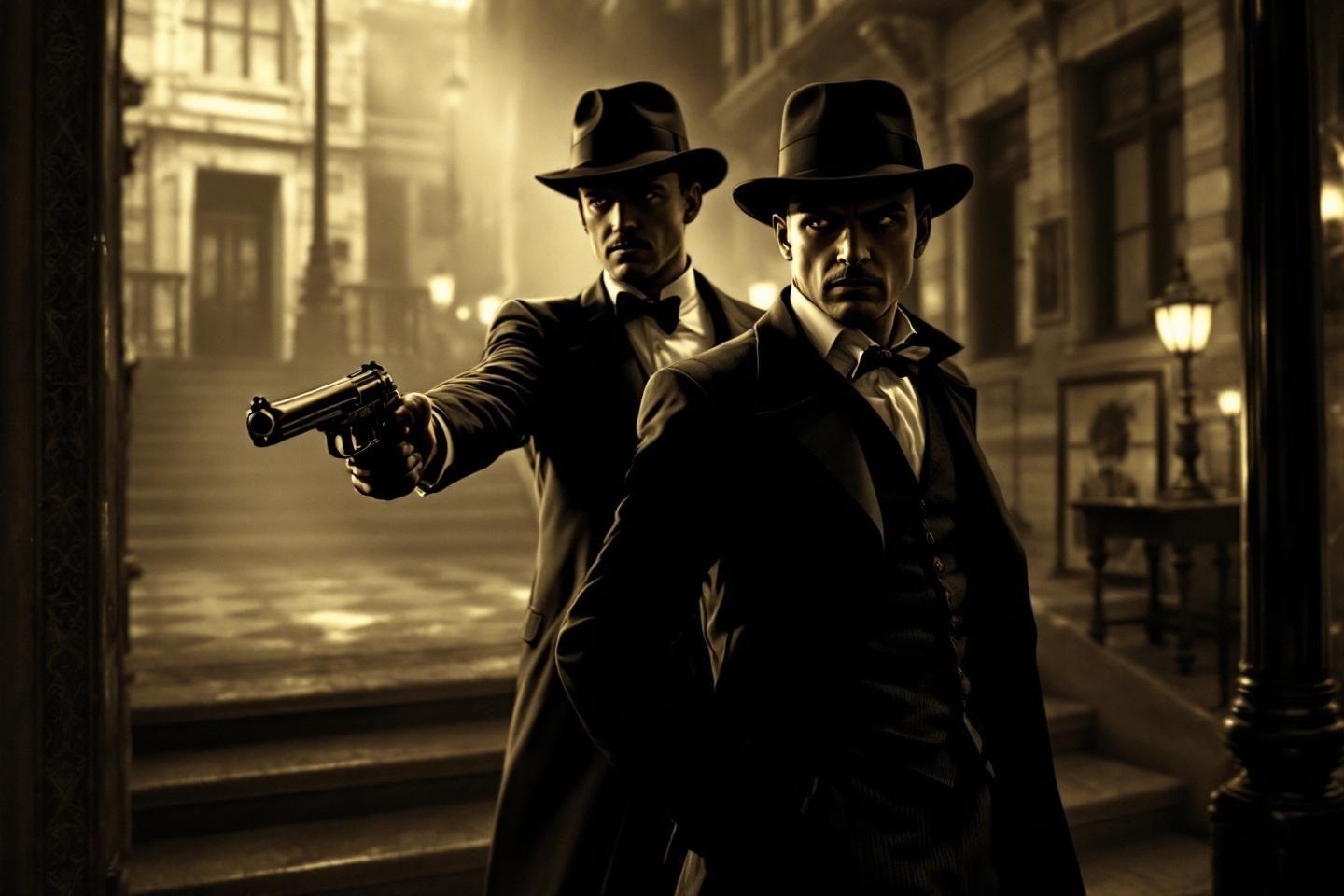 Deux hommes en costume avec un revolver dans une rue sombre