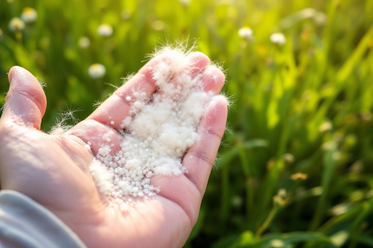 Main ouverte tenant des graines de pissenlit légères et blanches