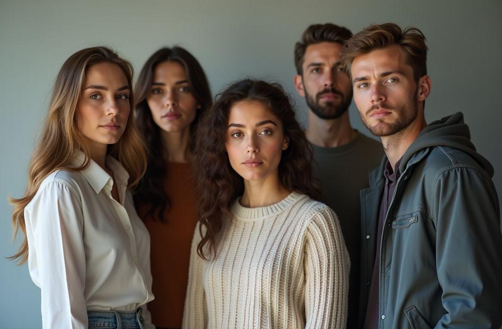 Cinq jeunes adultes posant s&eacute;rieusement devant un mur gris