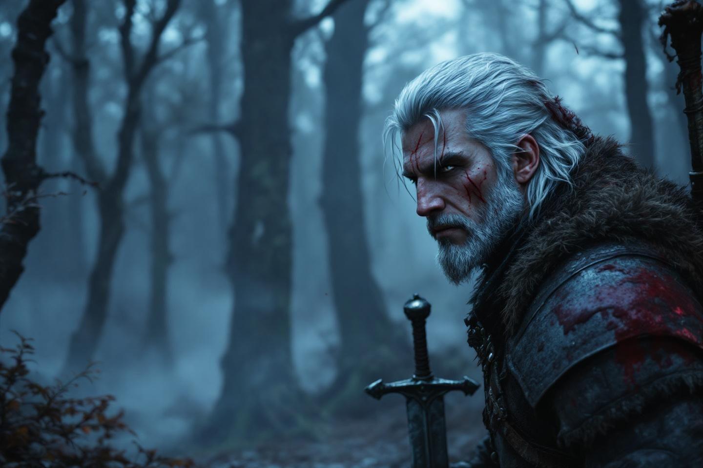 Homme âgé avec épée, blessé, dans une forêt brumeuse