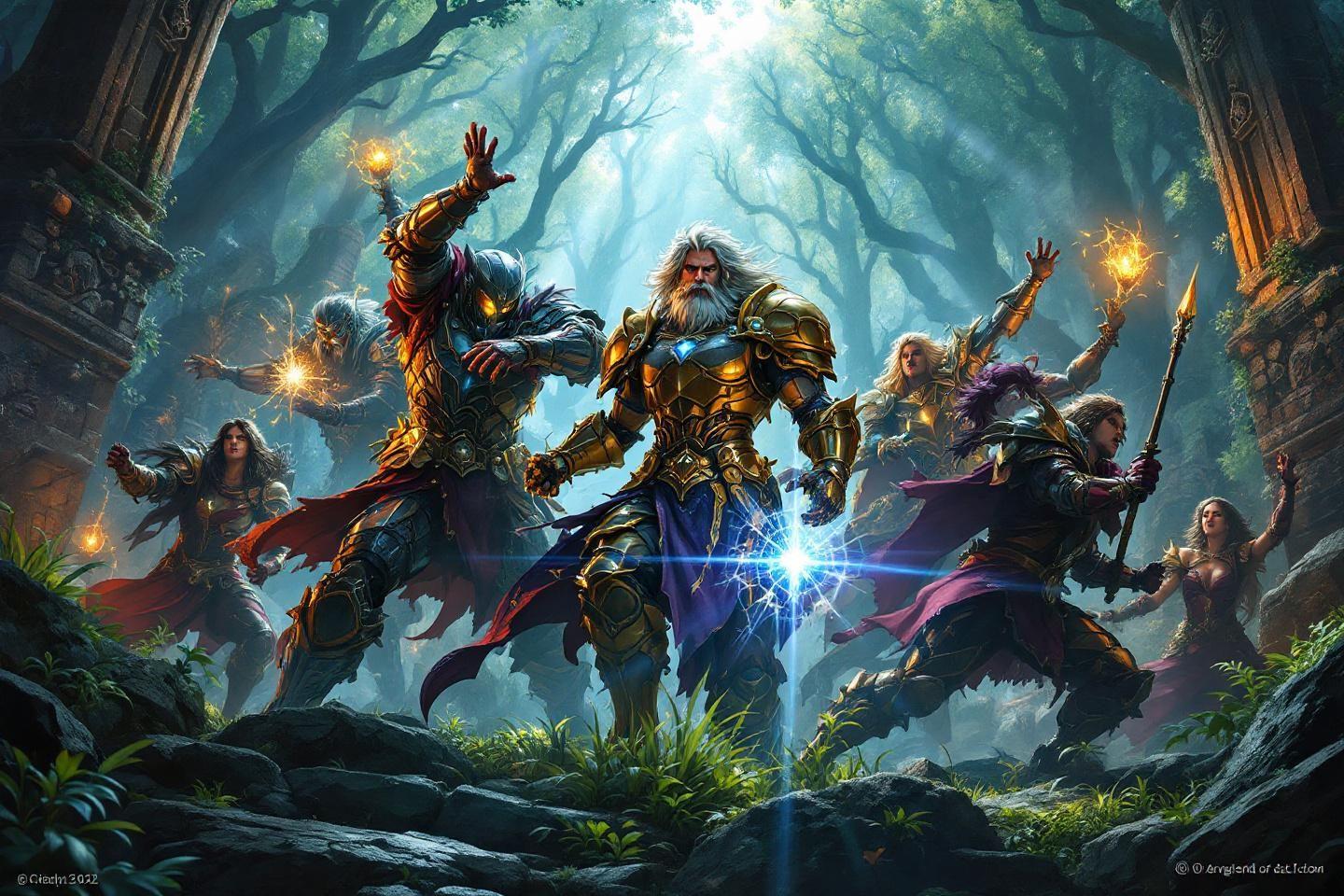 Groupe de héros fantastiques avec pouvoirs magiques dans une forêt sombre