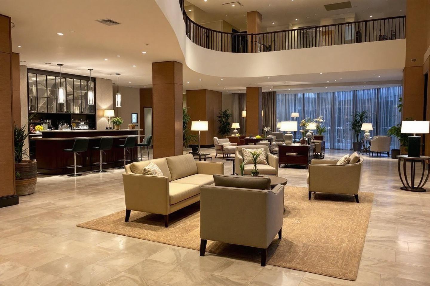 Salon spacieux avec bar, fauteuils et colonnes modernes