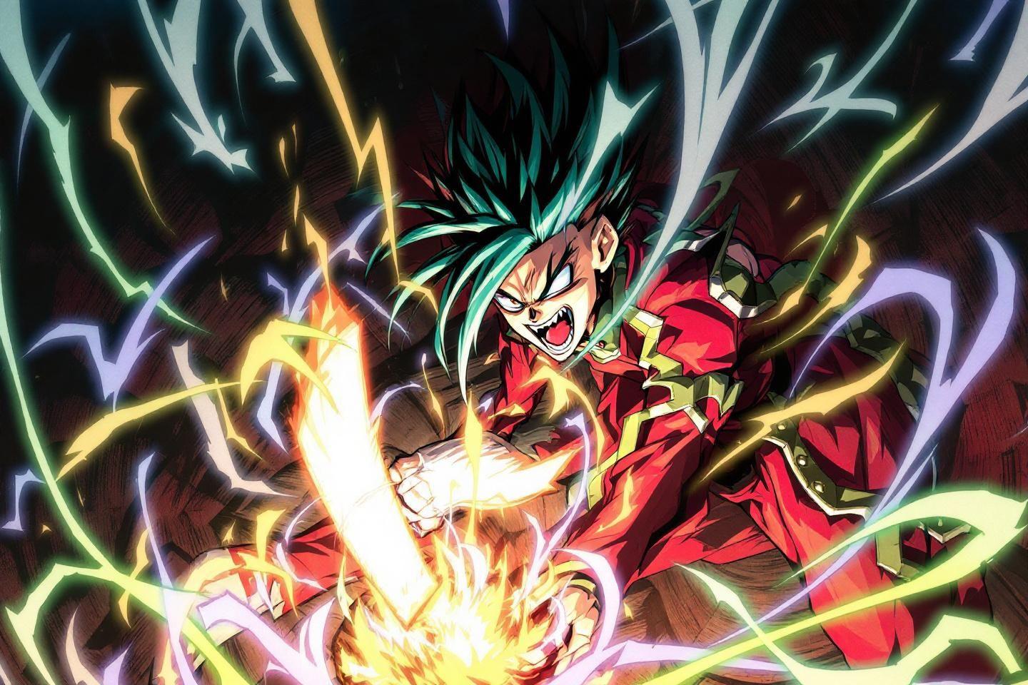 Personnage de manga aux cheveux verts dans une explosion électrique