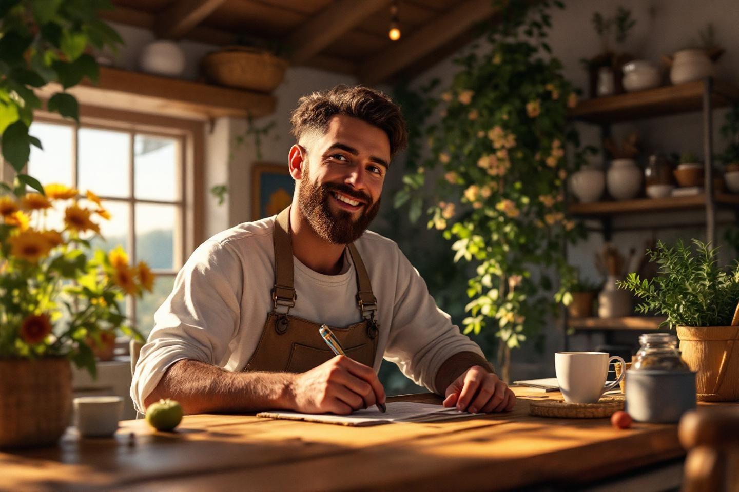 Homme barbu écrivant à table avec des plantes et des fleurs