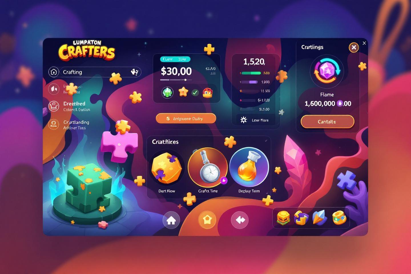 &Eacute;cran de jeu color&eacute; avec des &eacute;l&eacute;ments de craft et de progression