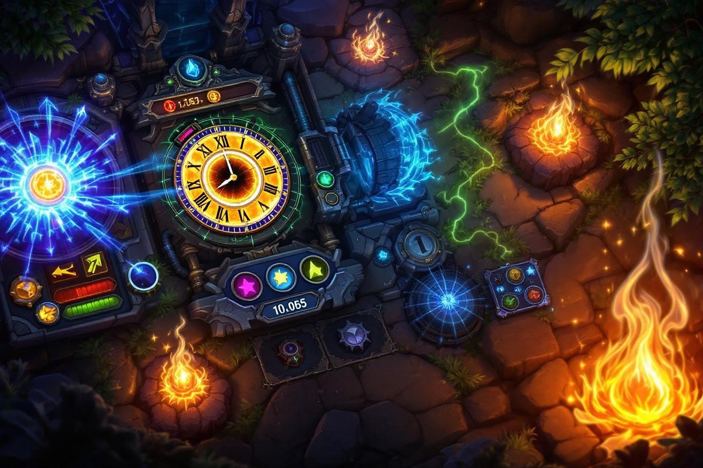 Tableau de bord complexe avec horloge, &eacute;l&eacute;ments magiques et flammes