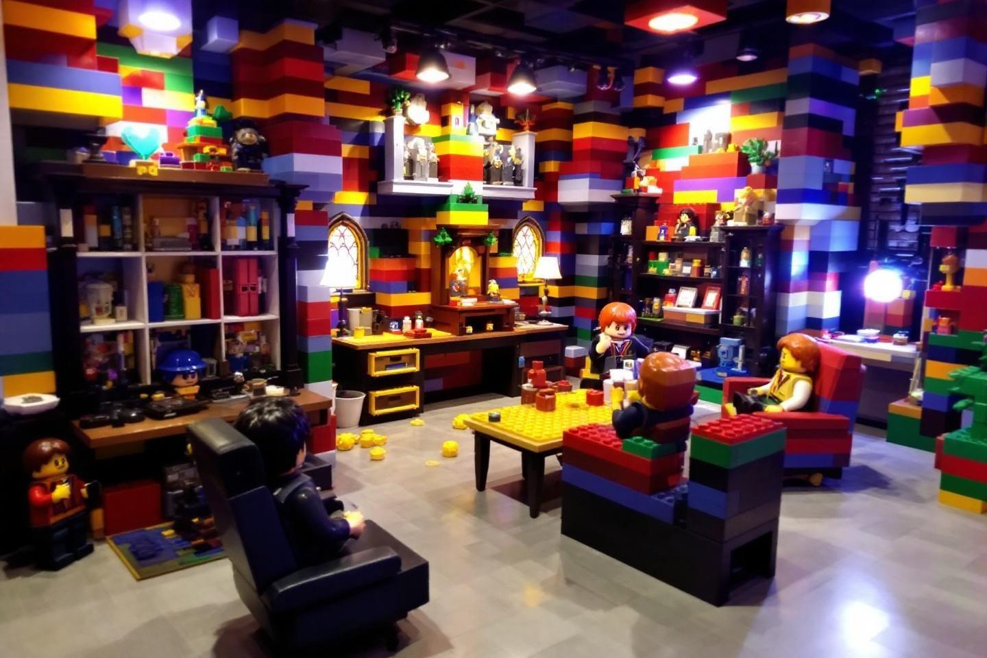 Pièce lumineuse remplie de personnages et meubles LEGO multicolores