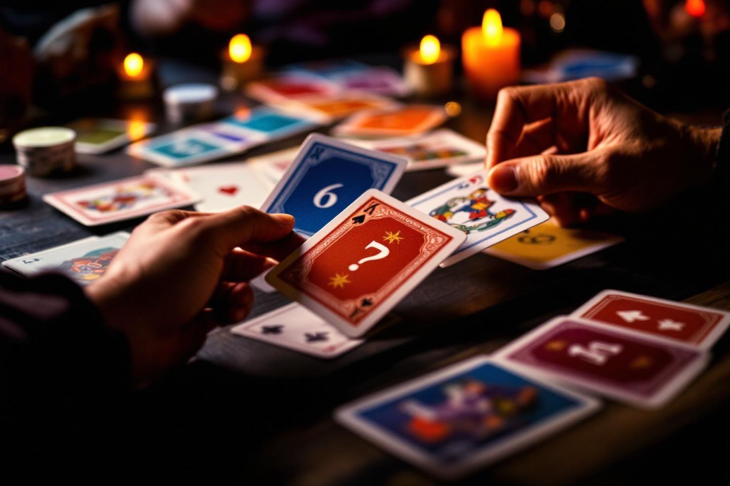 Mains jouant aux cartes, bougies en arri&egrave;re-plan
