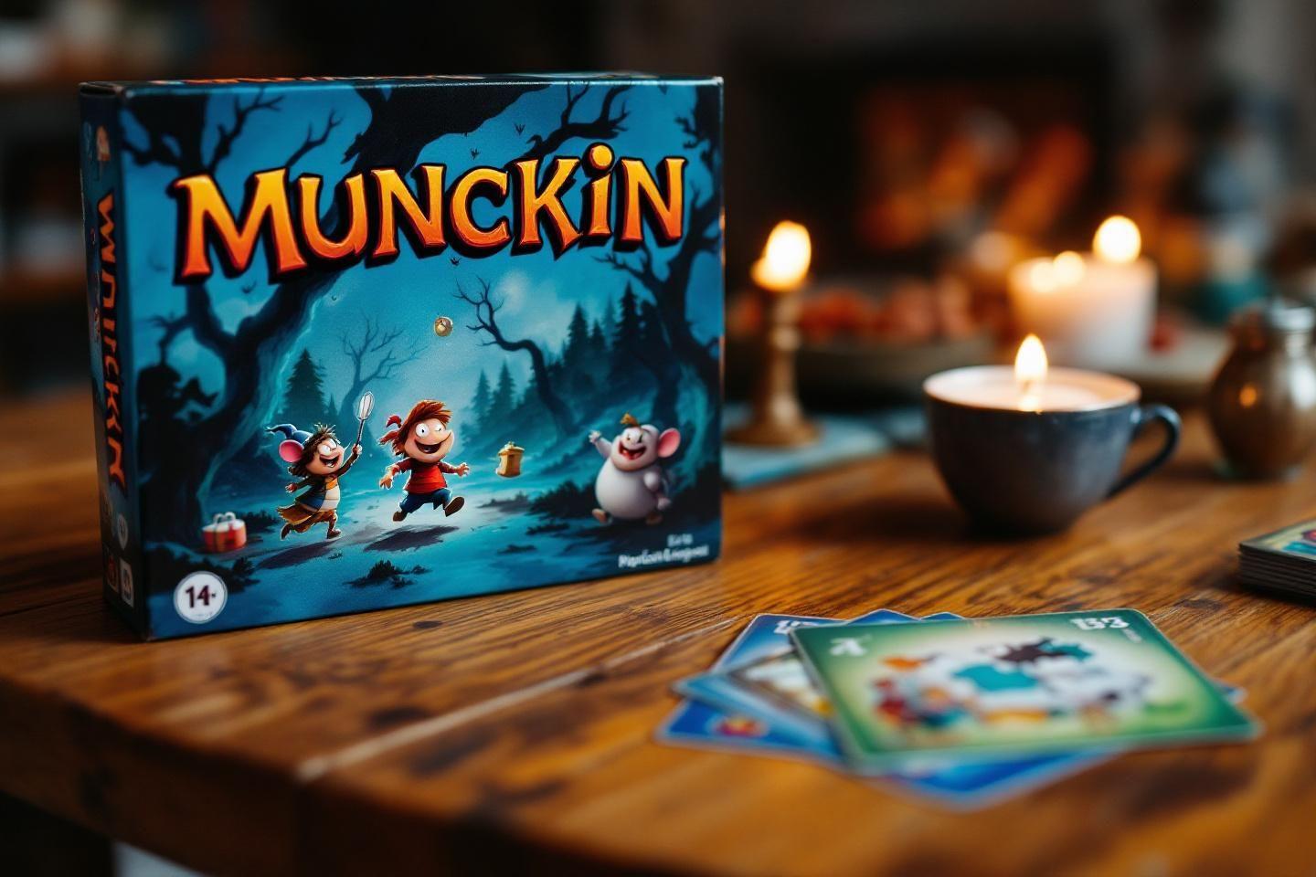 Boîte de jeu Munckin avec bougies sur table en bois