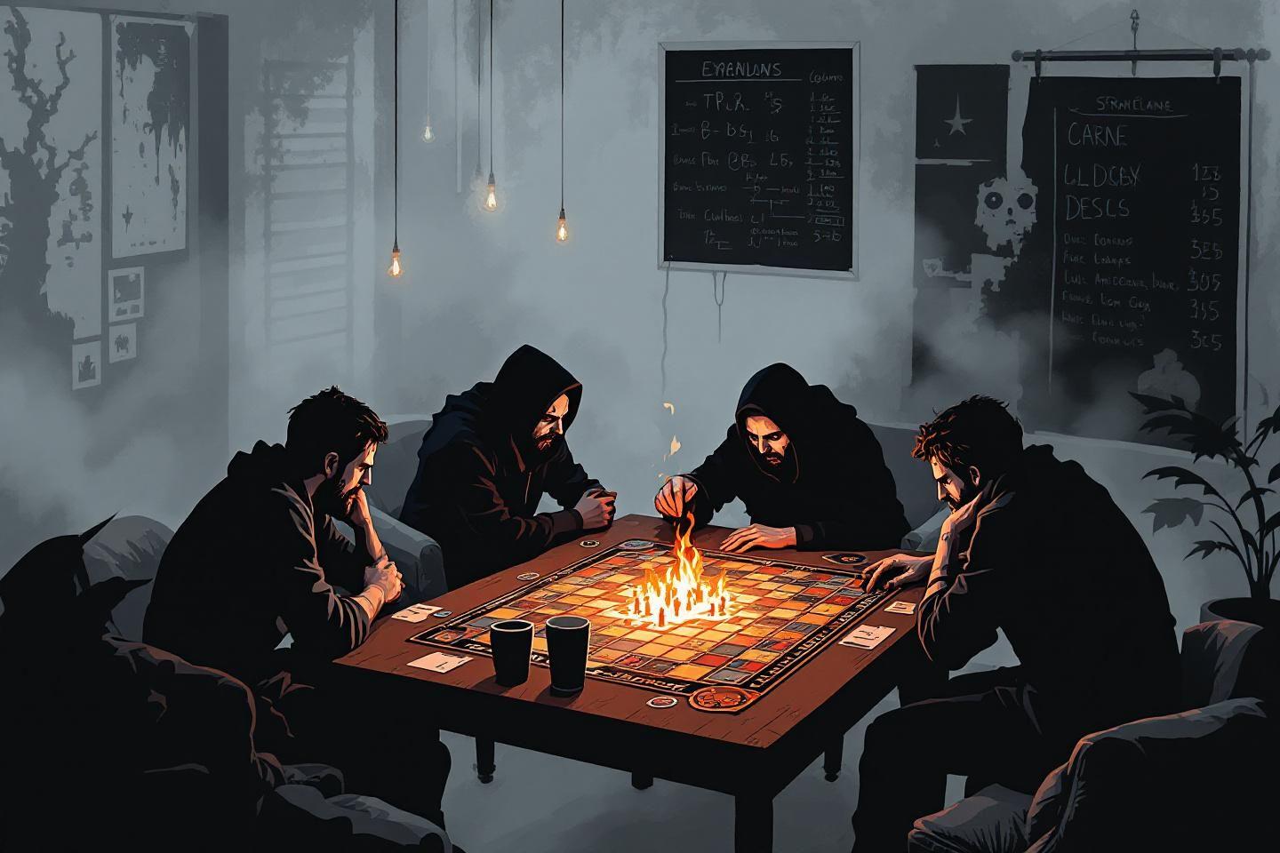 Quatre joueurs autour d'un jeu de plateau avec flamme centrale