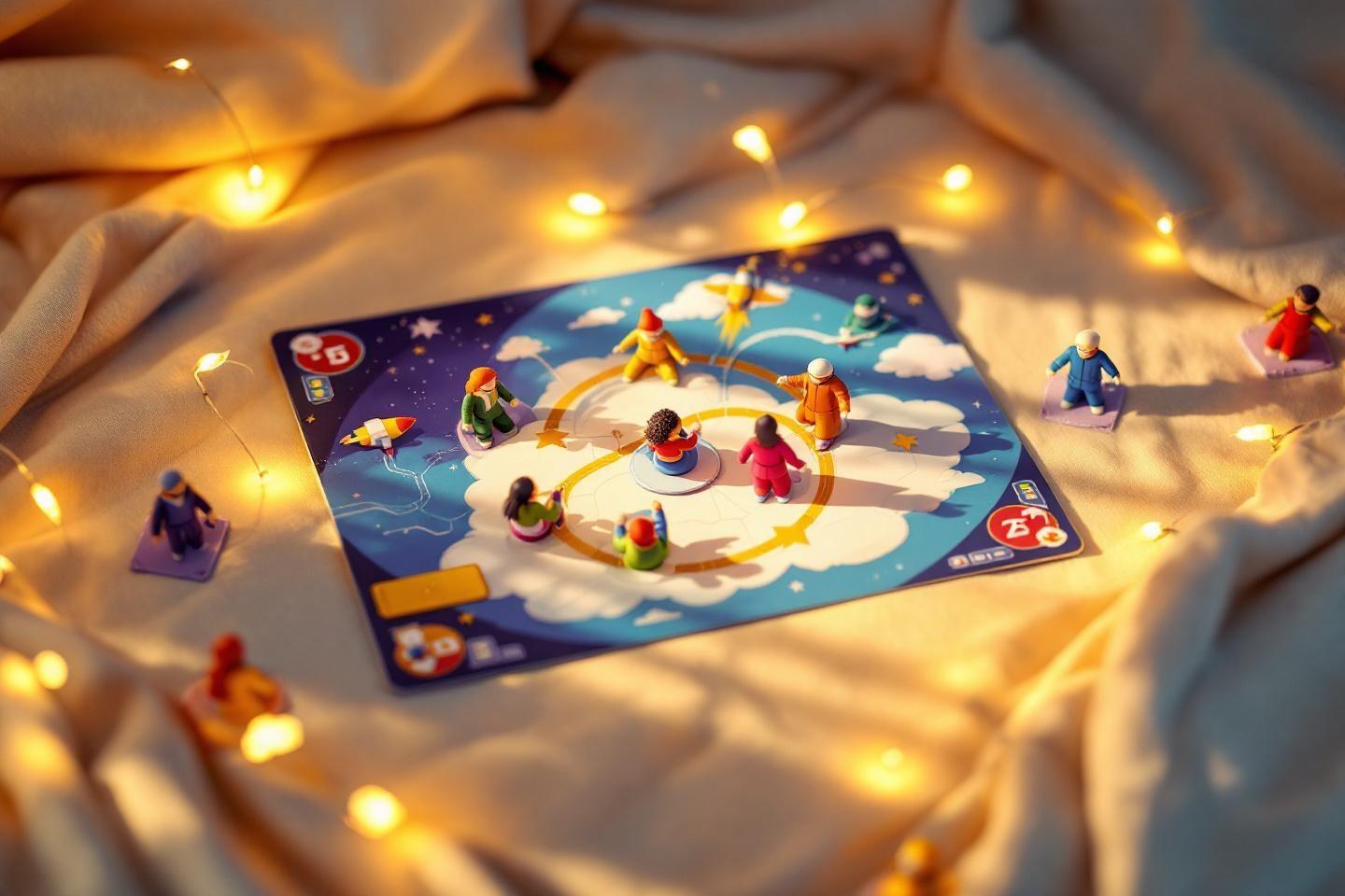 Plateau de jeu coloré avec personnages miniatures entouré de lumières