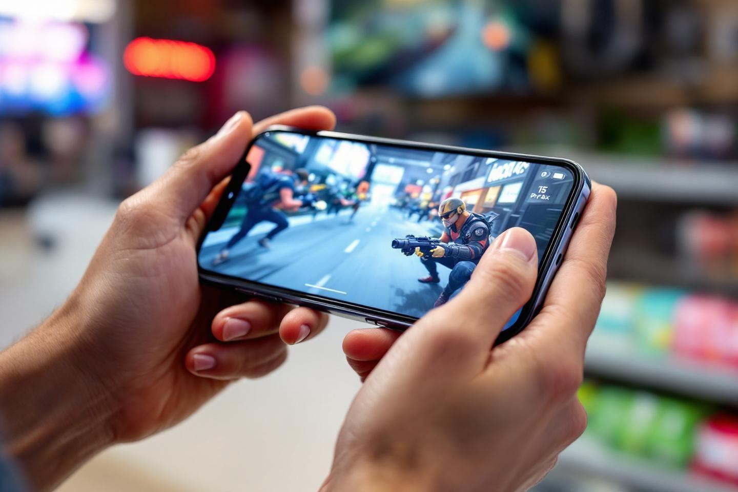 Mains tenant un smartphone jouant &agrave; un jeu de tir