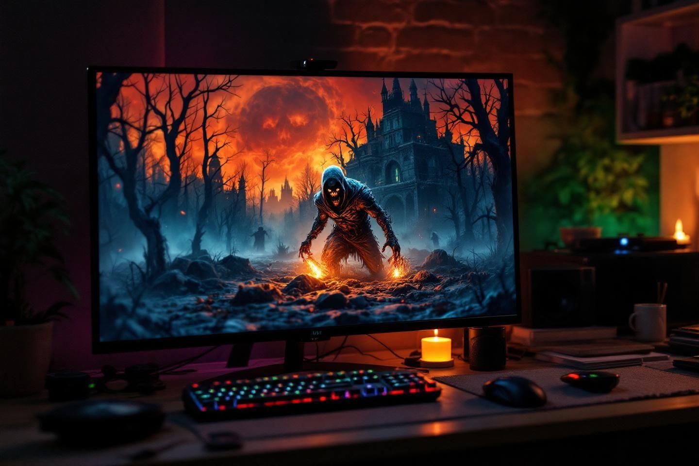 Monstre enflammé devant un château gothique sur écran