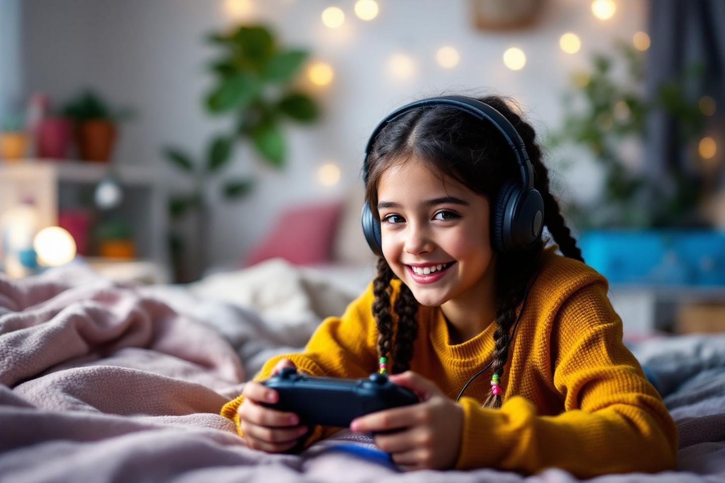 Jeune fille souriante jouant aux jeux vidéo sur un lit