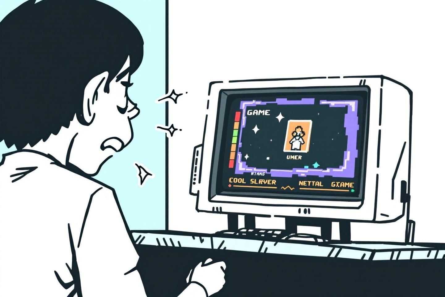 Joueur regardant un &eacute;cran d'ordinateur avec un jeu pix&eacute;lis&eacute;