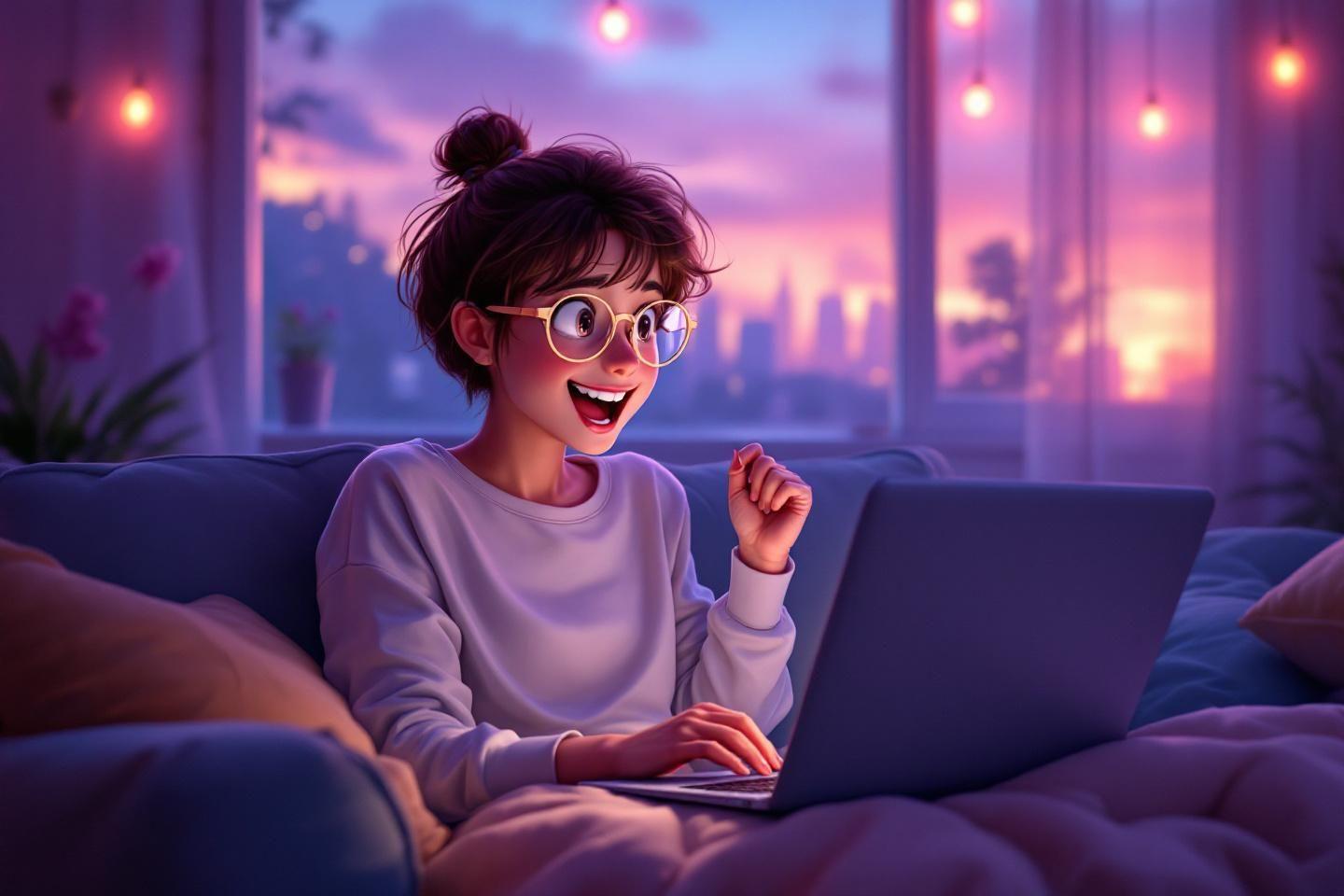 Femme &agrave; lunettes souriante sur canap&eacute; avec un portable