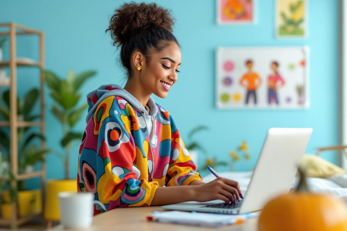 Femme souriante portant un sweat color&eacute;, assise &agrave; un ordinateur portable