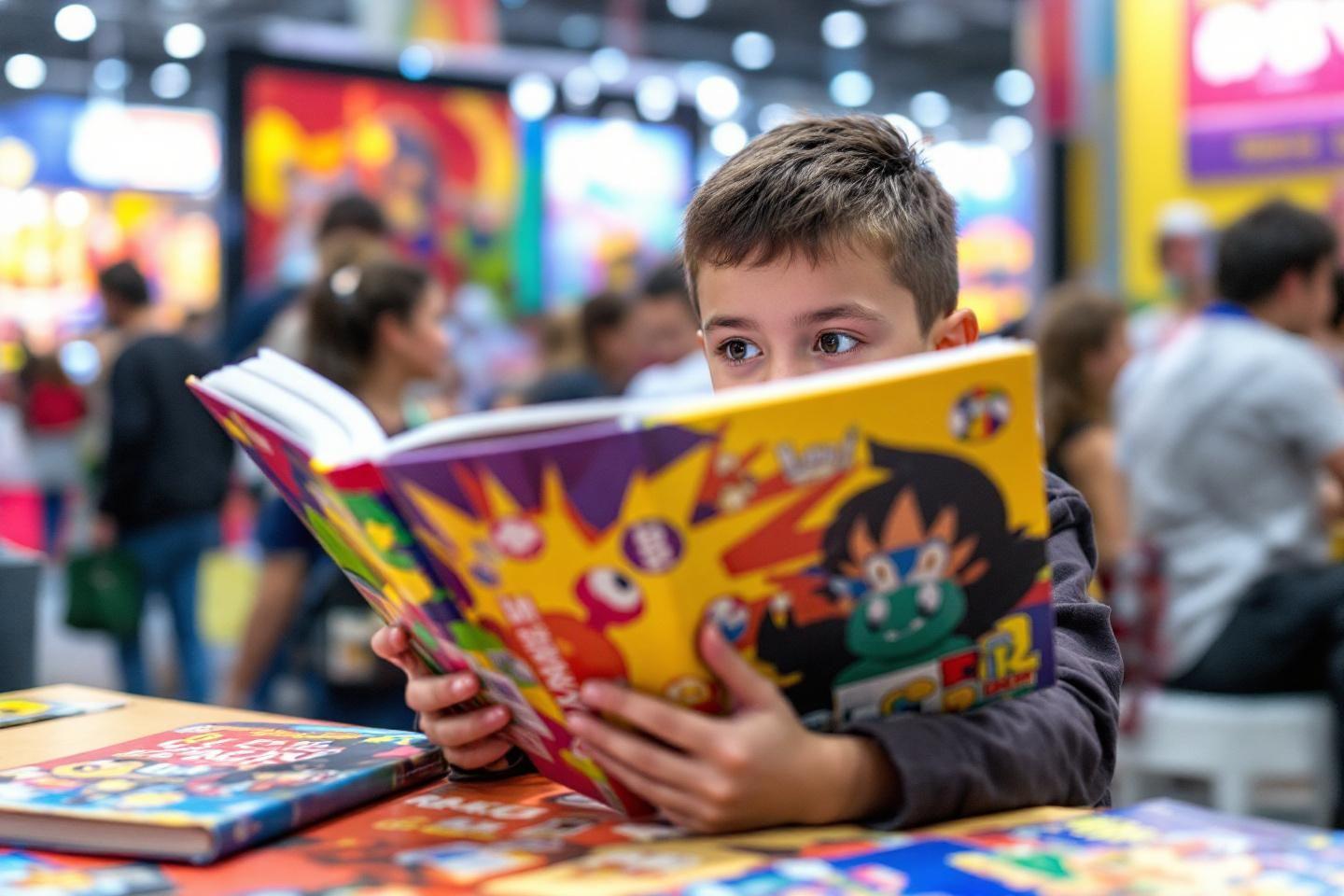 Un enfant lit un livre coloré lors d'un événement