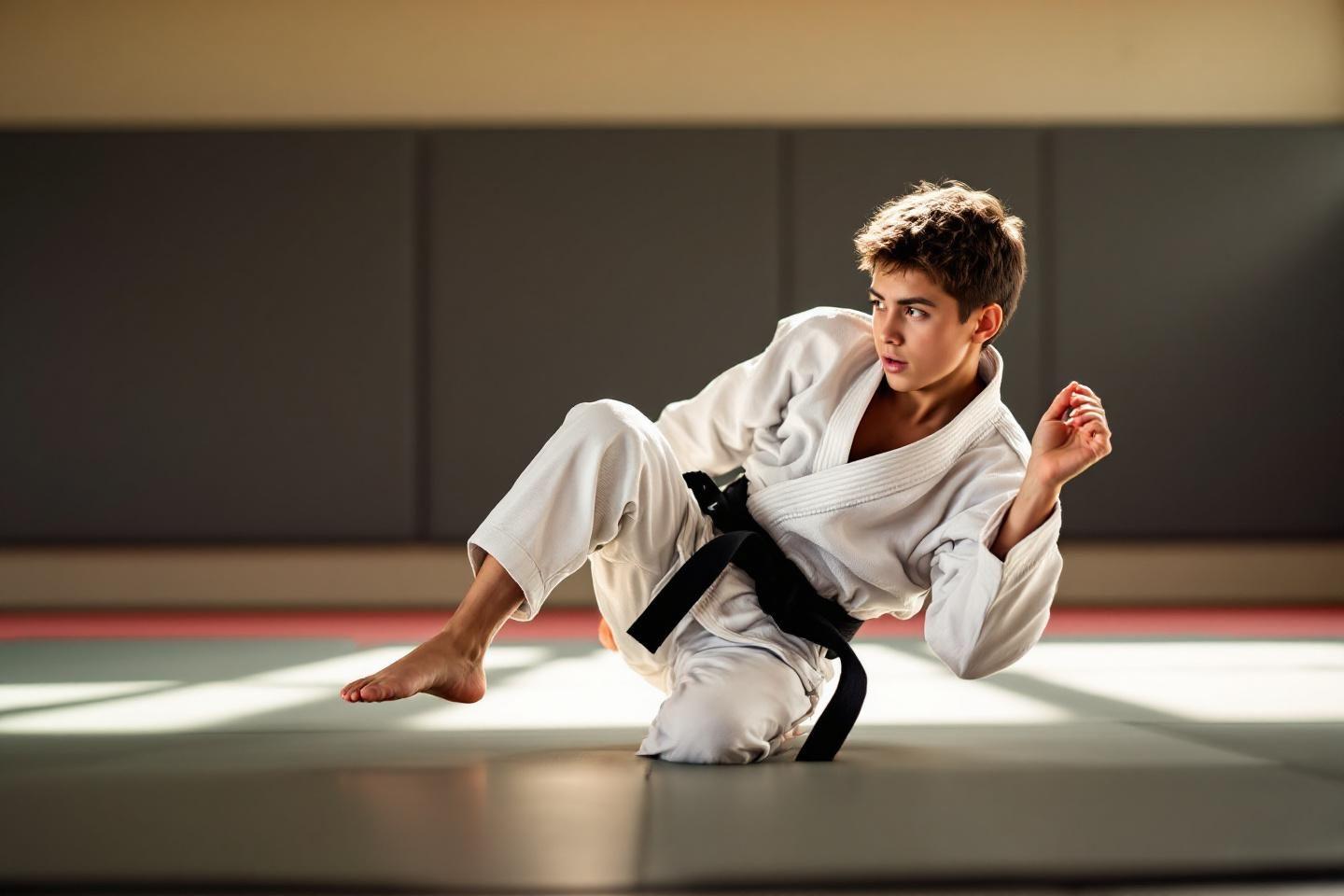 Adolescent en kimono blanc et ceinture noire effectuant un mouvement