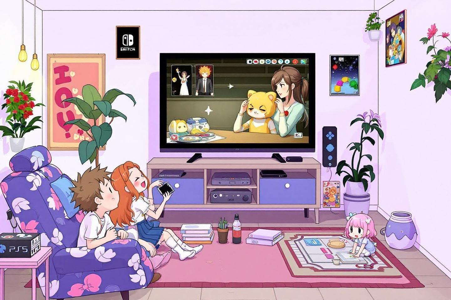 Salon coloré avec personnages animés jouant à des jeux vidéo