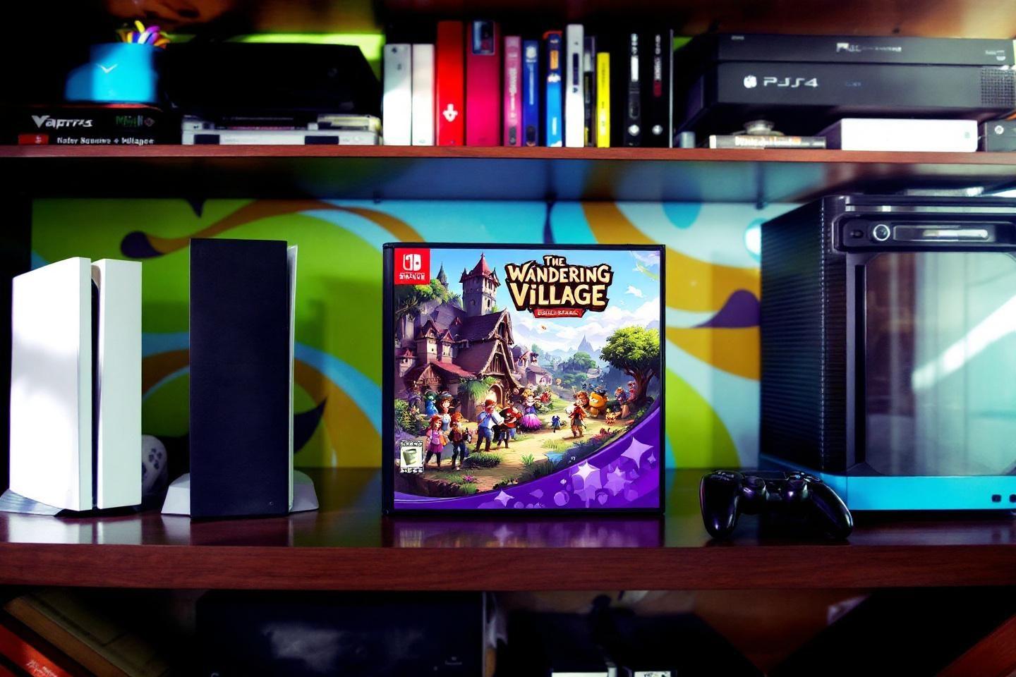 Boîtes de jeux Nintendo Switch et console PS4 sur étagère colorée