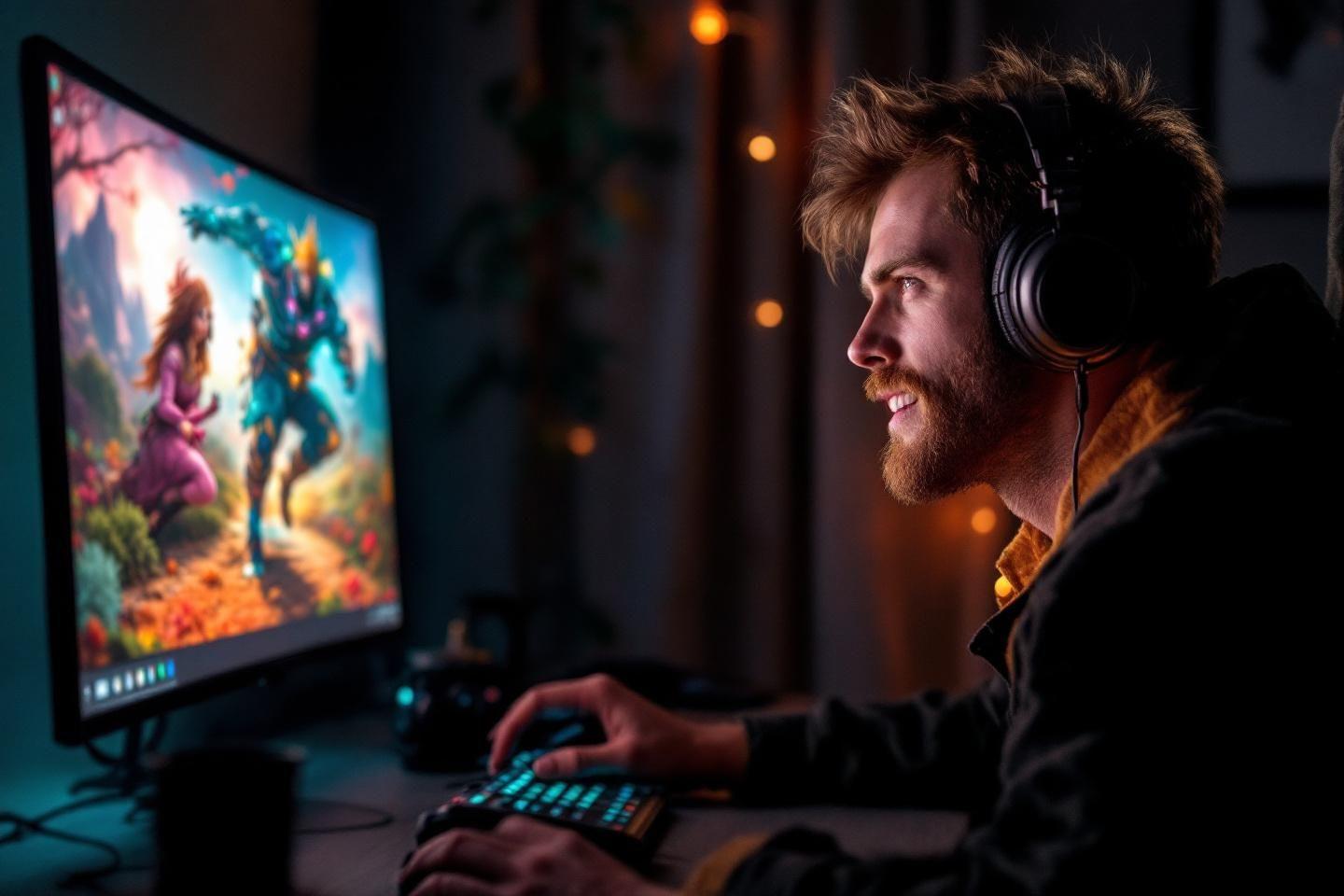 Homme avec casque jouant &agrave; un jeu vid&eacute;o color&eacute;