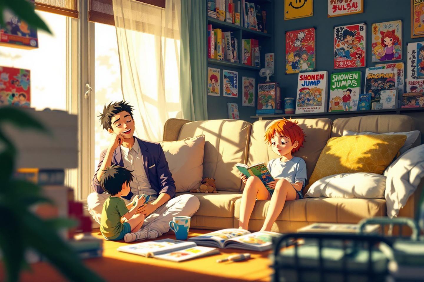P&egrave;re et enfants lisant des livres dans un salon lumineux