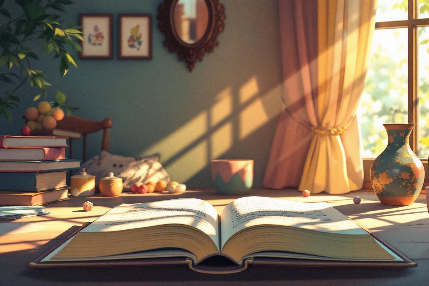 Livre ouvert, fruits, lumi&egrave;re douce pr&egrave;s de la fen&ecirc;tre