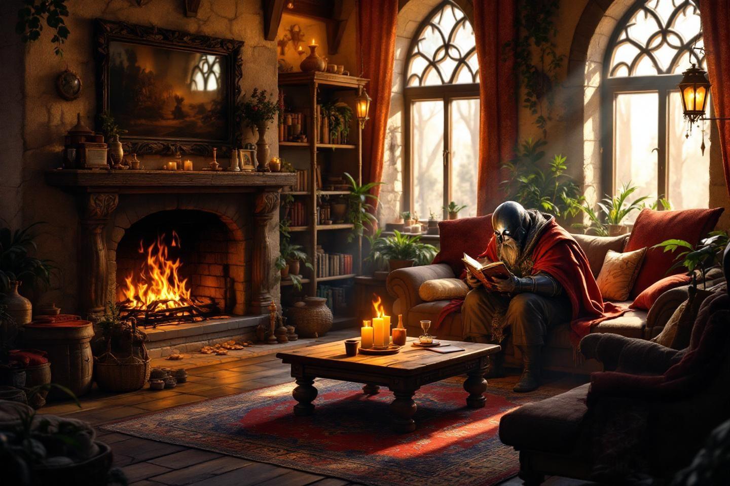 Lecteur encapuch&eacute; lisant dans un int&eacute;rieur chaleureux et lumineux