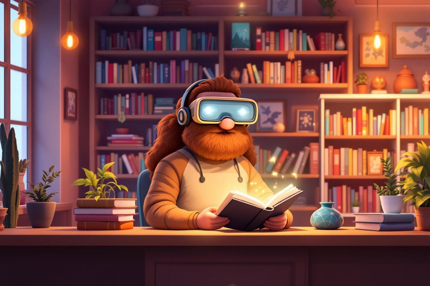 Homme barbu avec lunettes VR lisant un livre magique