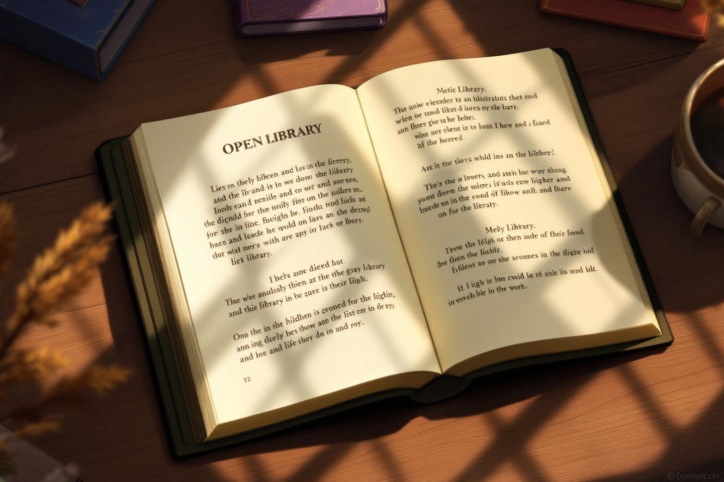 Un livre ouvert, &eacute;clair&eacute; par la lumi&egrave;re, sur une table en bois