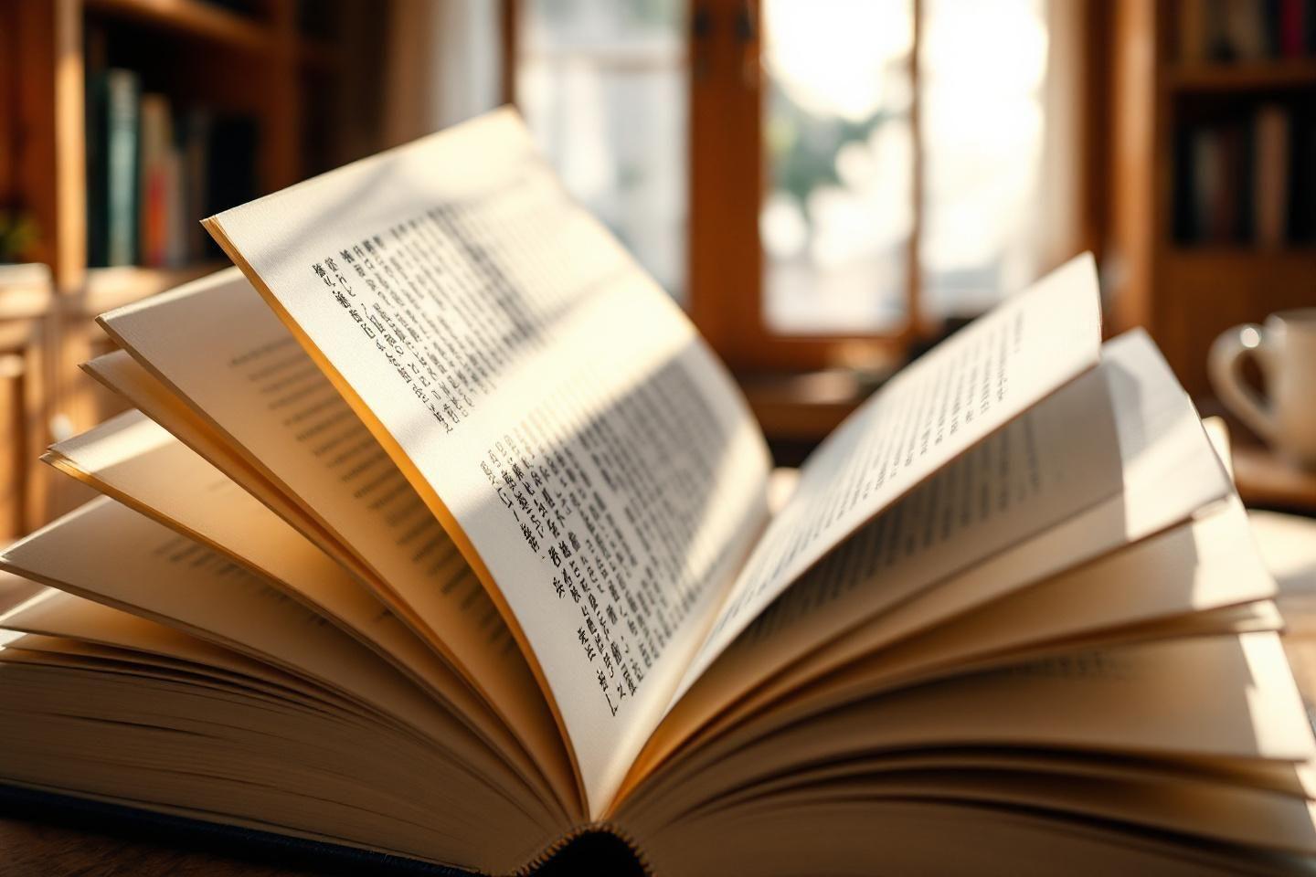 Pages de livre &eacute;tal&eacute;es avec biblioth&egrave;que en arri&egrave;re-plan