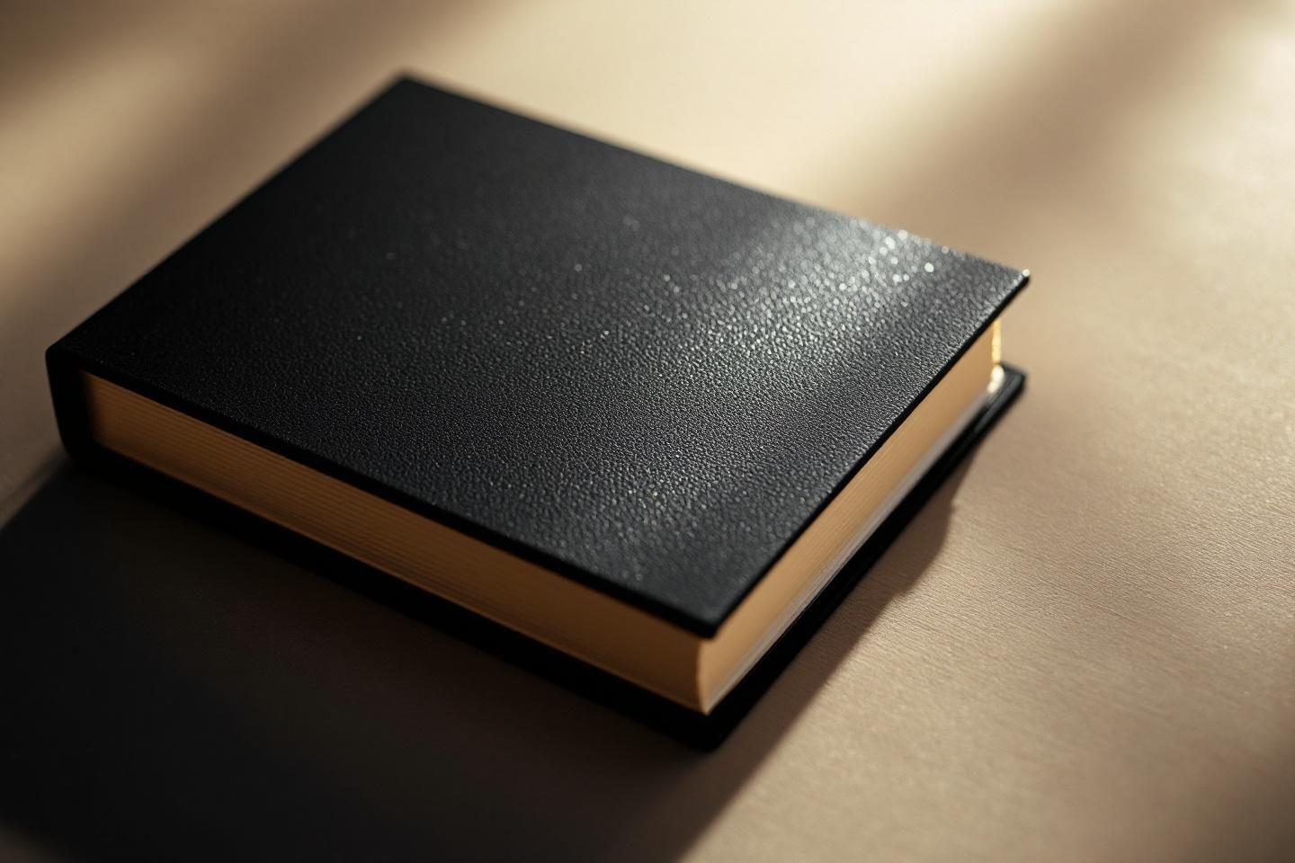 Livre ferm&eacute; &agrave; couverture noire pos&eacute; sur une surface neutre