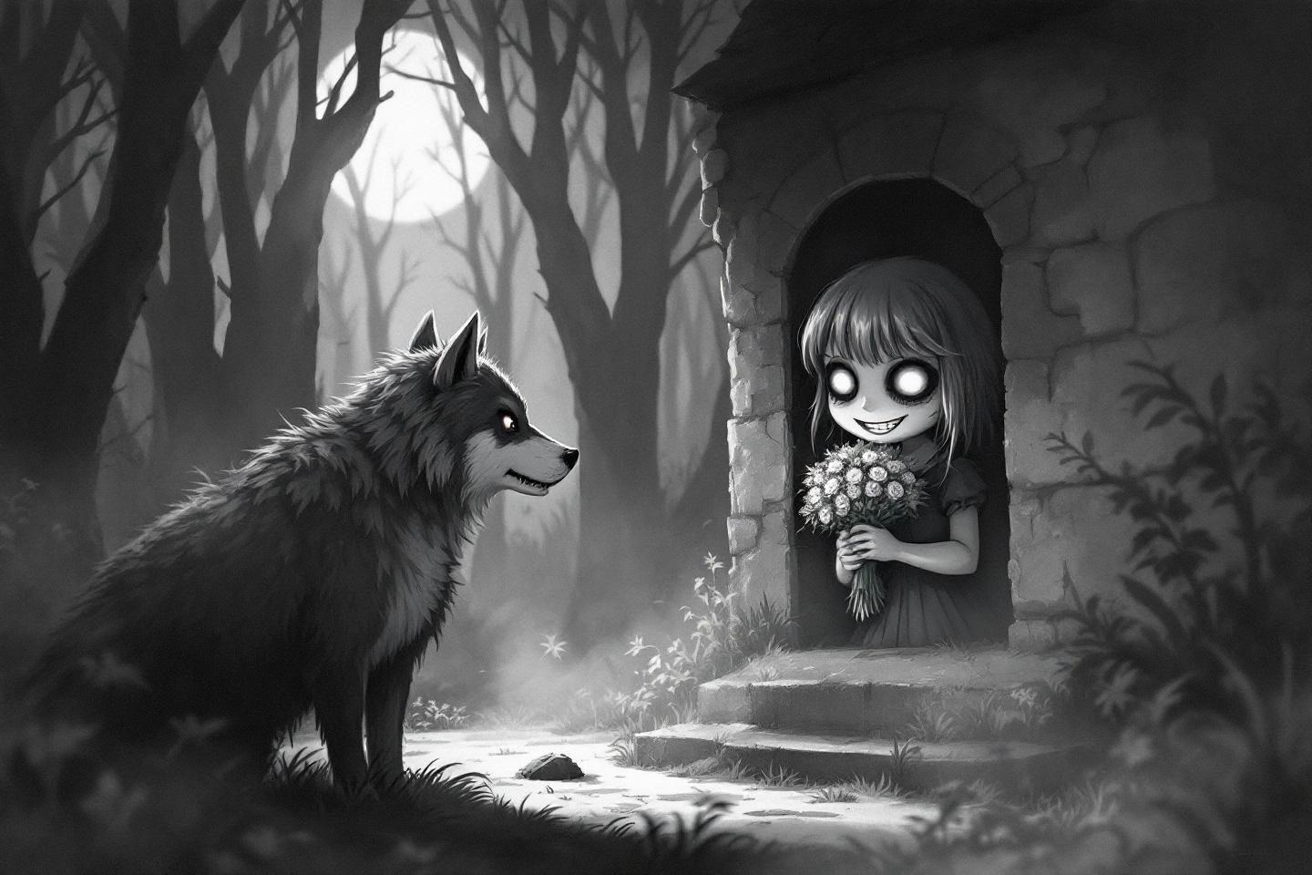 Sc&egrave;ne sombre avec loup et fillette souriante dans les bois