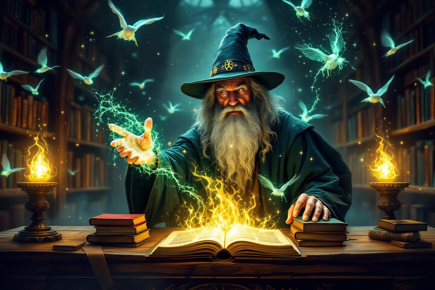 Magicien &acirc;g&eacute; lan&ccedil;ant des sorts depuis un livre ancien