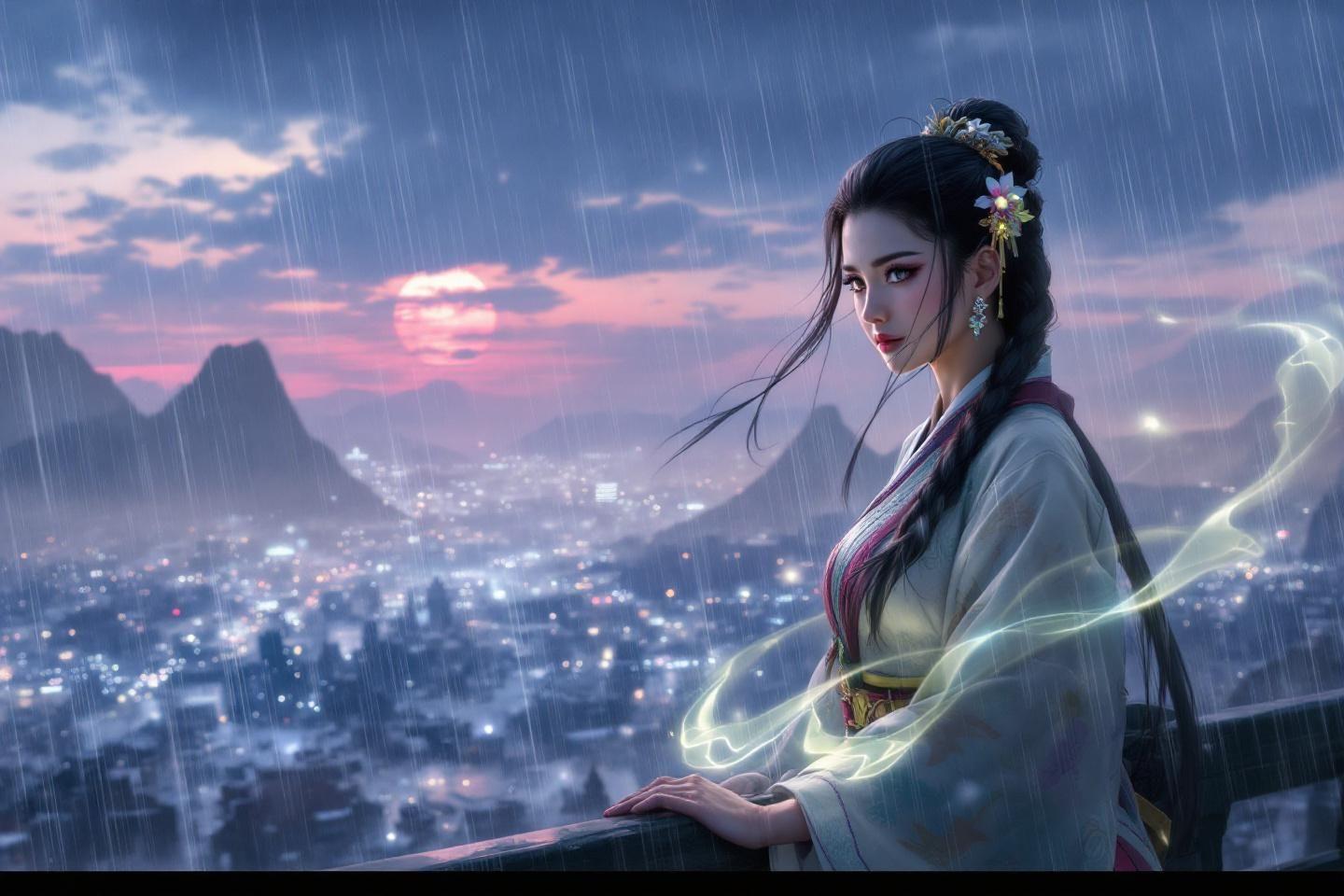 Femme en tenue traditionnelle avec des lumi&egrave;res magiques et montagnes