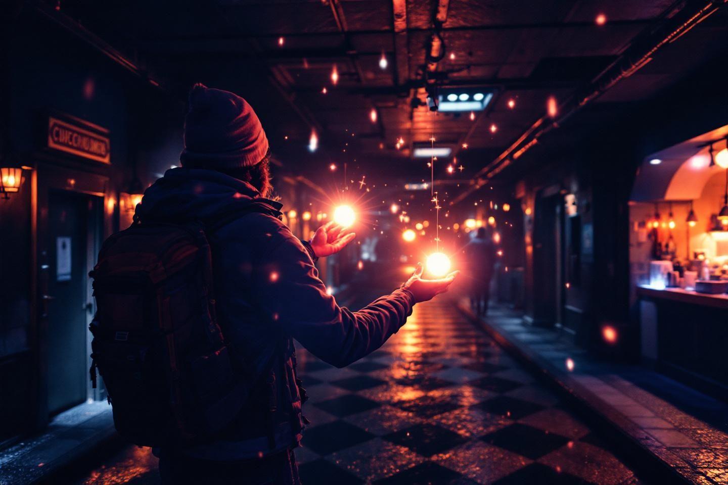 Silhouette avec lumi&egrave;res magiques dans un couloir sombre