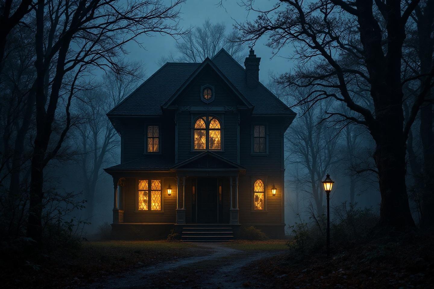 Vieille demeure &eacute;clair&eacute;e dans une for&ecirc;t sombre et brumeuse